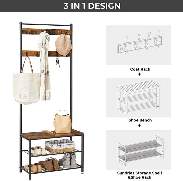 Coat Rack with Hooks, Entryway Shoe Bench Storage Rack Brown