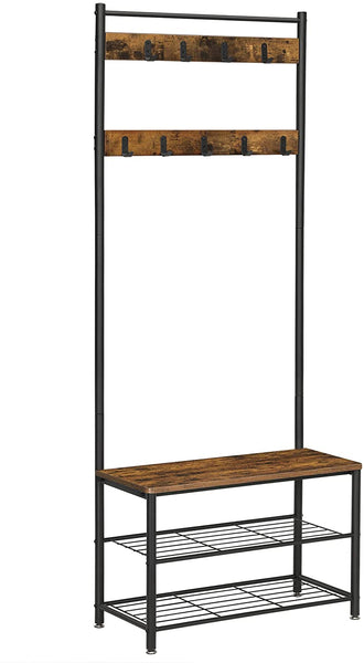 Coat Rack with Hooks, Entryway Shoe Bench Storage Rack Brown