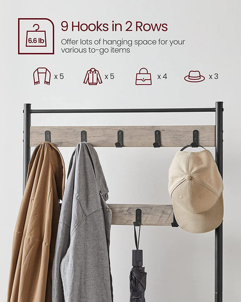 Coat Rack, Hall Tree with Shoe Storage Bench, 3-in-1, Steel Frame, for Entryway, Industrial, Grey and Black