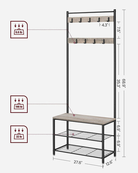 Coat Rack, Hall Tree with Shoe Storage Bench, 3-in-1, Steel Frame, for Entryway, Industrial, Grey and Black