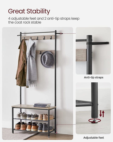 Coat Rack, Hall Tree with Shoe Storage Bench, 3-in-1, Steel Frame, for Entryway, Industrial, Grey and Black