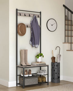 Coat Rack, Hall Tree with Shoe Storage Bench, 3-in-1, Steel Frame, for Entryway, Industrial, Grey and Black