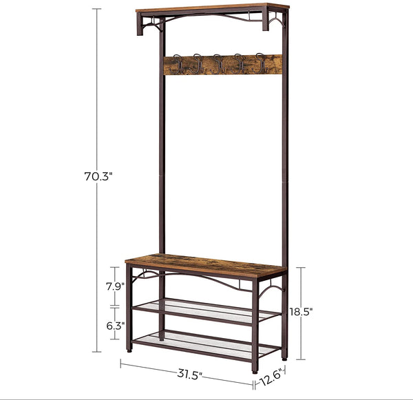 Coat Rack, 3-in-1 Hall Tree, Industrial Entryway Shoe Bench Coat Stand