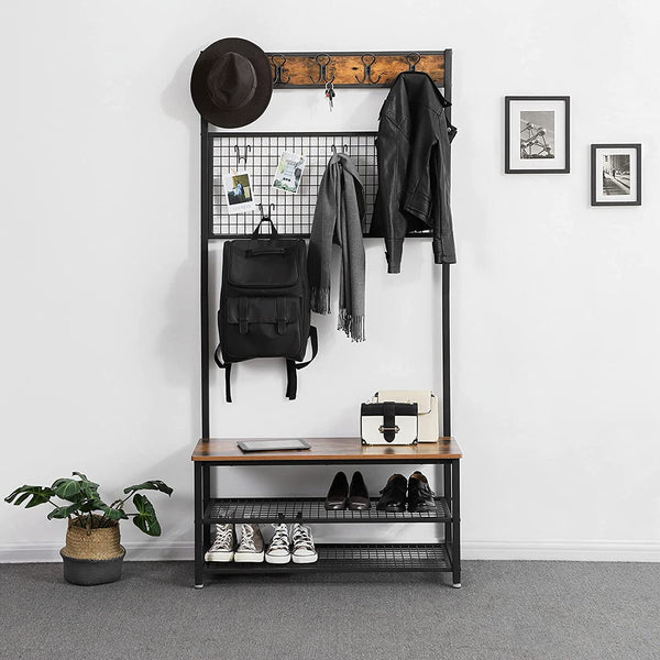 Industrial Coat Rack Stand, Shoe Rack Bench with Grid Memo Board, 9 Hooks and Storage Shelves, Rustic Brown