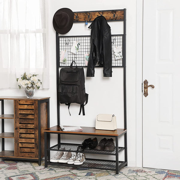 Industrial Coat Rack Stand, Shoe Rack Bench with Grid Memo Board, 9 Hooks and Storage Shelves, Rustic Brown