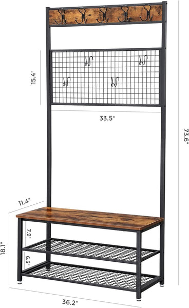 Industrial Coat Rack Stand, Shoe Rack Bench with Grid Memo Board, 9 Hooks and Storage Shelves, Rustic Brown