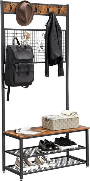 Industrial Coat Rack Stand, Shoe Rack Bench with Grid Memo Board, 9 Hooks and Storage Shelves, Rustic Brown