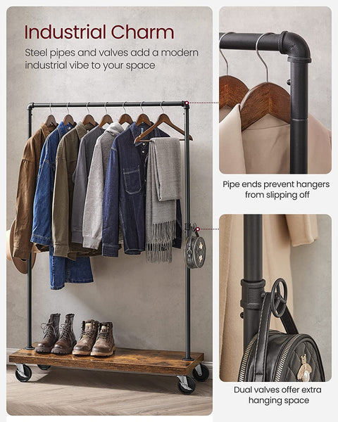 Clothes Rack, Heavy Duty Clothing Rack, Industrial Pipe Style Rolling Garment Rack with Shelf, for Bedroom, Laundry Room