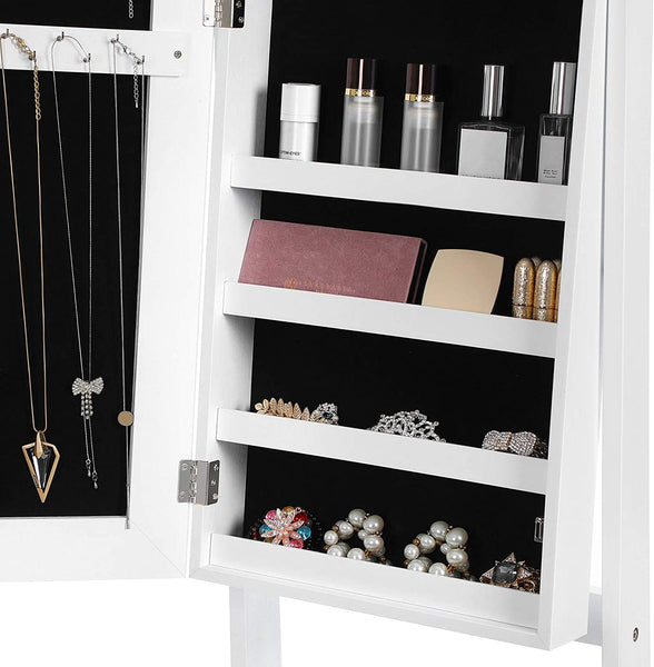 Mirrored Jewelry Cabinet Armoire, Standing Full Body Larger Mirror, Lockable Jewelry Organizer, White