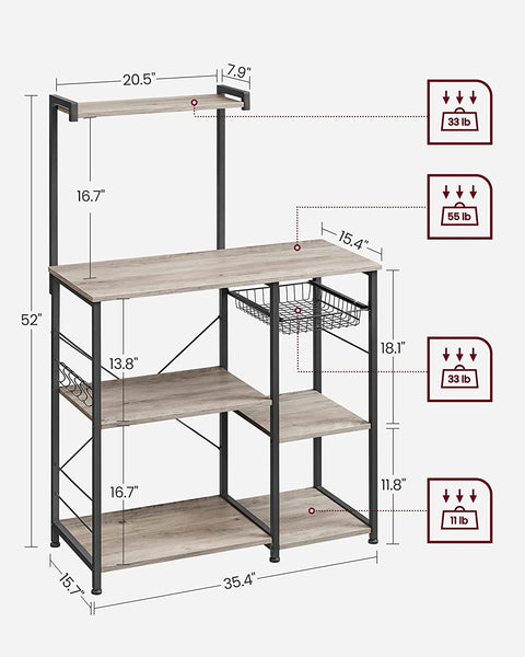 Baker's Rack, Microwave Stand with Wire Basket, 6 Hooks, and Shelves, for Spices, Pots, and Pans, Grey and Black