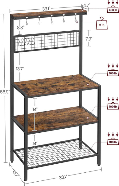 Bakers, Coffee Bar, Kitchen Storage Shelf Rack with 10 Hooks, 3 Shelves, Adjustable Feet, for Microwave Oven