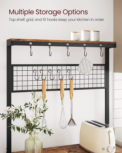 Bakers, Coffee Bar, Kitchen Storage Shelf Rack with 10 Hooks, 3 Shelves, Adjustable Feet, for Microwave Oven