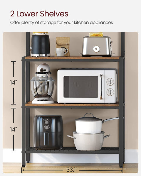 Bakers, Coffee Bar, Kitchen Storage Shelf Rack with 10 Hooks, 3 Shelves, Adjustable Feet, for Microwave Oven