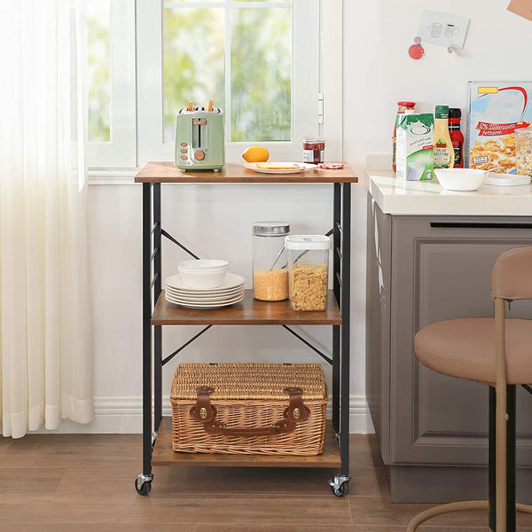 Kitchen Baker’s Rack, 3-Tier Serving Storage Cart with Metal Frame and 6 Hooks