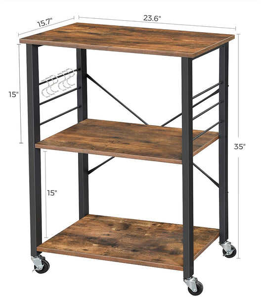 Kitchen Baker’s Rack, 3-Tier Serving Storage Cart with Metal Frame and 6 Hooks