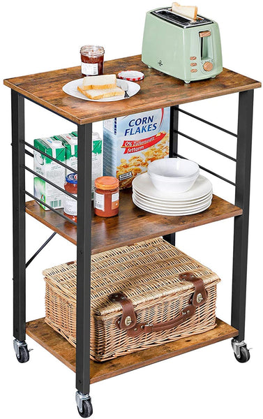 Kitchen Baker’s Rack, 3-Tier Serving Storage Cart with Metal Frame and 6 Hooks