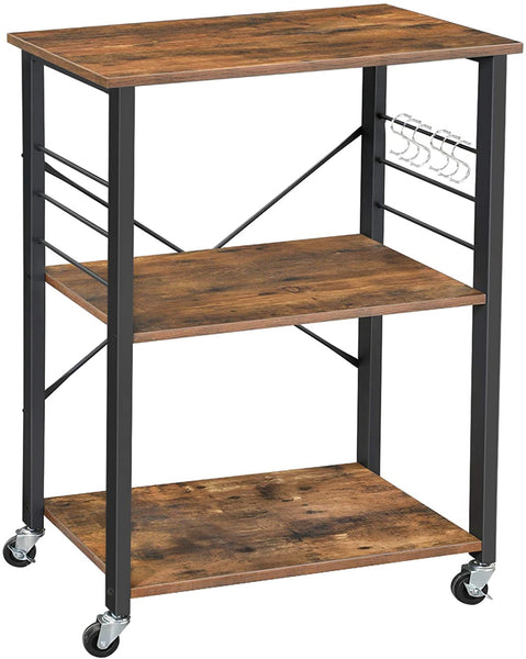 Kitchen Baker’s Rack, 3-Tier Serving Storage Cart with Metal Frame and 6 Hooks