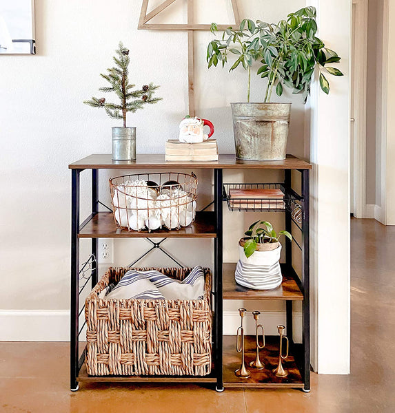 Kitchen Shelf Rack, Baker's Rack with Metal Frame, Wire Basket 6 Hooks Microwave Stand