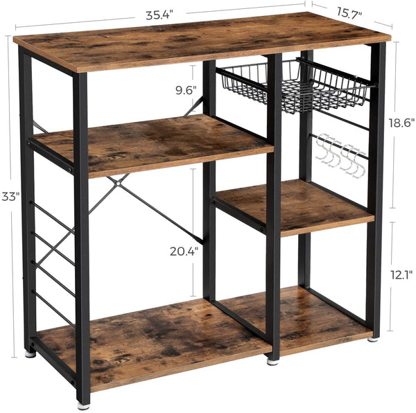 Kitchen Shelf Rack, Baker's Rack with Metal Frame, Wire Basket 6 Hooks Microwave Stand