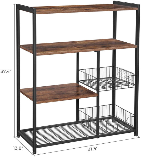 Kitchen Baker’s Rack, Kitchen Shelf with 2 Mesh Baskets and 6 Hooks, Microwave Oven Stand