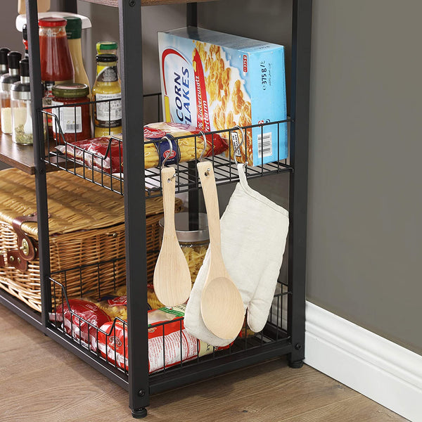 Kitchen Baker’s Rack, Kitchen Shelf with 2 Mesh Baskets and 6 Hooks, Microwave Oven Stand