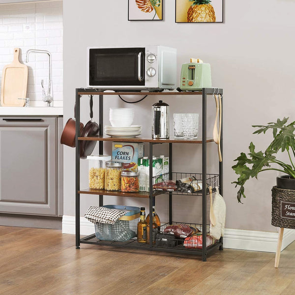 Kitchen Baker’s Rack, Kitchen Shelf with 2 Mesh Baskets and 6 Hooks, Microwave Oven Stand