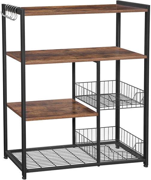 Kitchen Baker’s Rack, Kitchen Shelf with 2 Mesh Baskets and 6 Hooks, Microwave Oven Stand