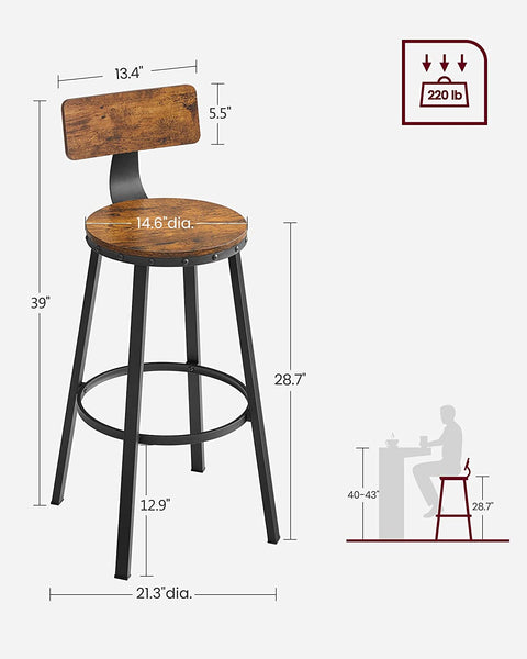 Bar Stools Set of 2, Tall Bar Stools, Bar Height Stools, 28.7 Inch High Barstools with Back, Industrial, Metal Frame, Easy Assembly, Rustic Brown and Black