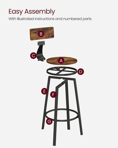 Bar Stools Set of 2, Tall Bar Stools, Bar Height Stools, 28.7 Inch High Barstools with Back, Industrial, Metal Frame, Easy Assembly, Rustic Brown and Black