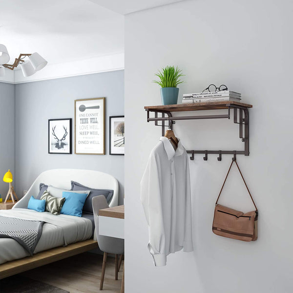 Wall Mounted Coat Rack Shelf with 5 Hooks