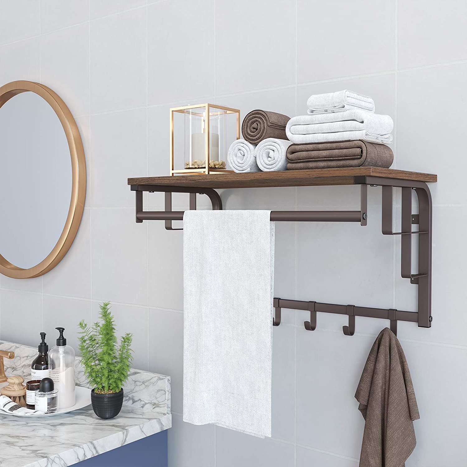 Wall Mounted Coat Rack Shelf with 5 Hooks