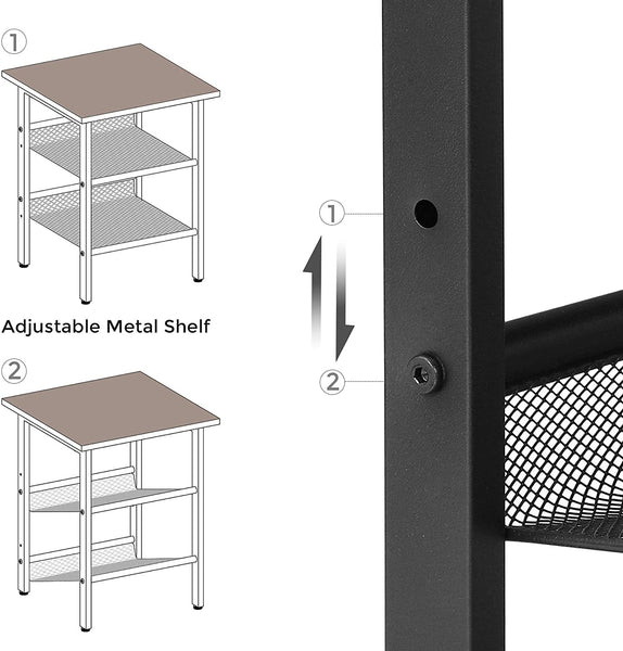 Industrial End Table, Nightstand with 2 Adjustable Mesh Shelves, Side Table for Living Room