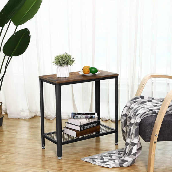 2-Tier Nightstand with Mesh Shelf, End Table for Small Spaces, Industrial Accent Furniture with Steel Frame