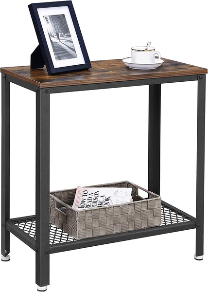 2-Tier Nightstand with Mesh Shelf, End Table for Small Spaces, Industrial Accent Furniture with Steel Frame