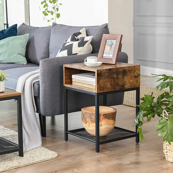 End Table with Open Compartment and Mesh Shelf, Nightstand, Bedroom, Easy Assembly, Space-Saving,