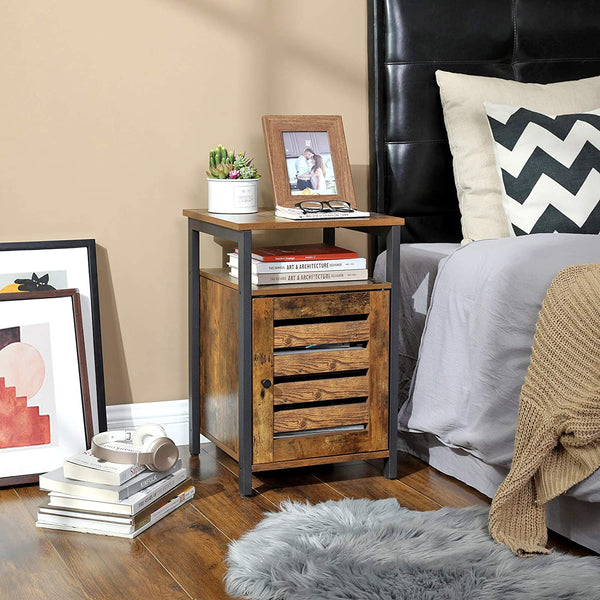 Rustic Brown Nightstand, End Table with Open Shelf, Side Table, Inner Adjustable Shelf, Steel Frame