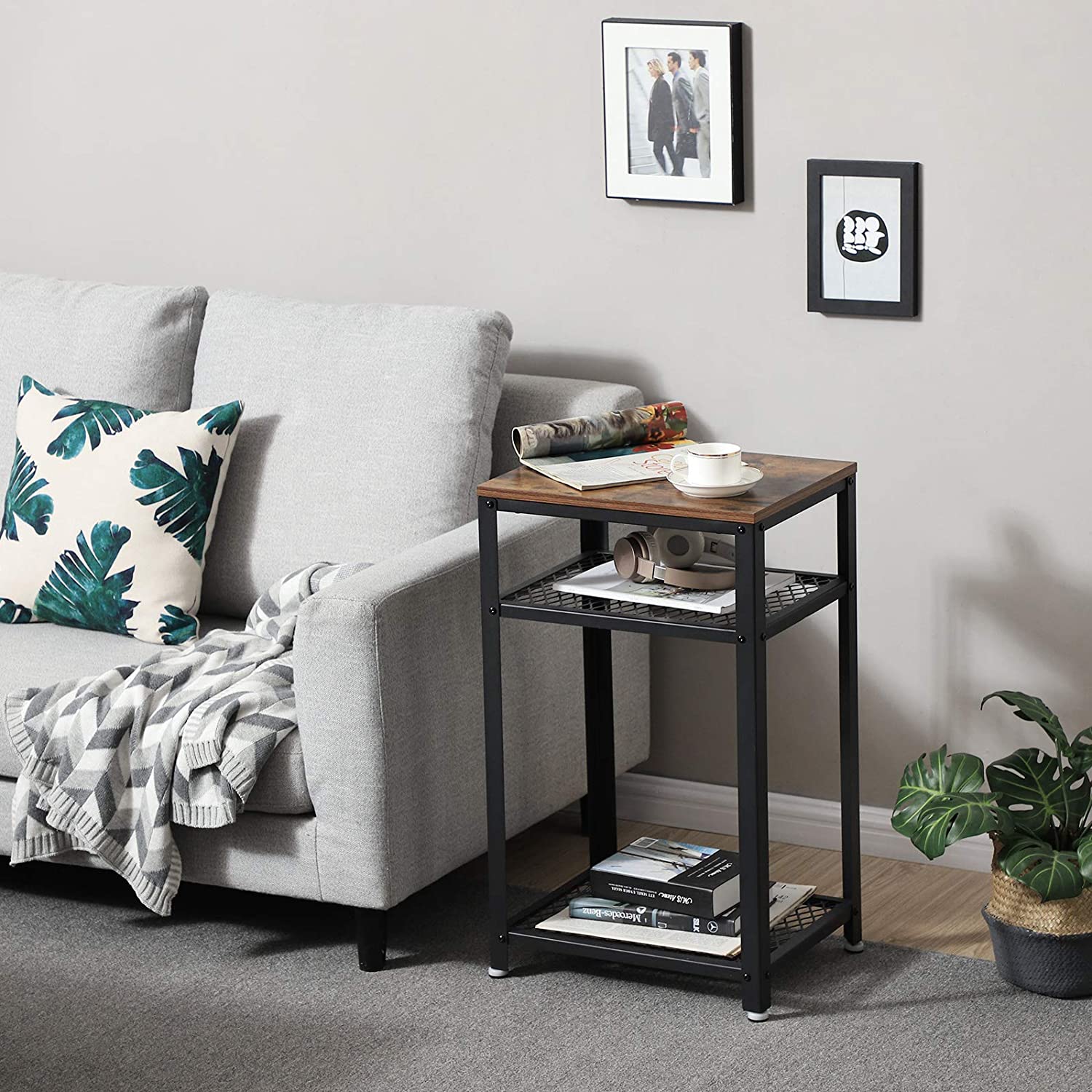 End Telephone Table with 2-Tier Mesh Shelves, Industrial Side Table with Metal Frame