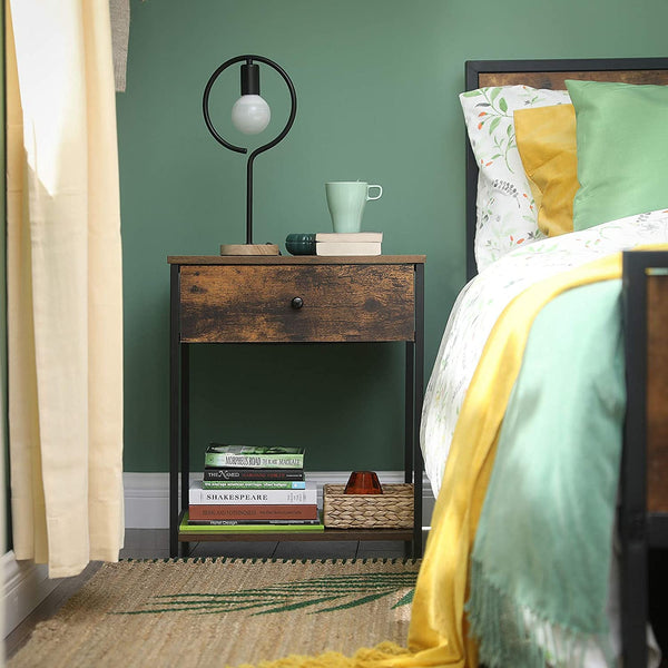 Nightstand, Industrial Bedside Table with Drawer, 2 Shelves, Wooden Top and Front, Rustic Brown + Black