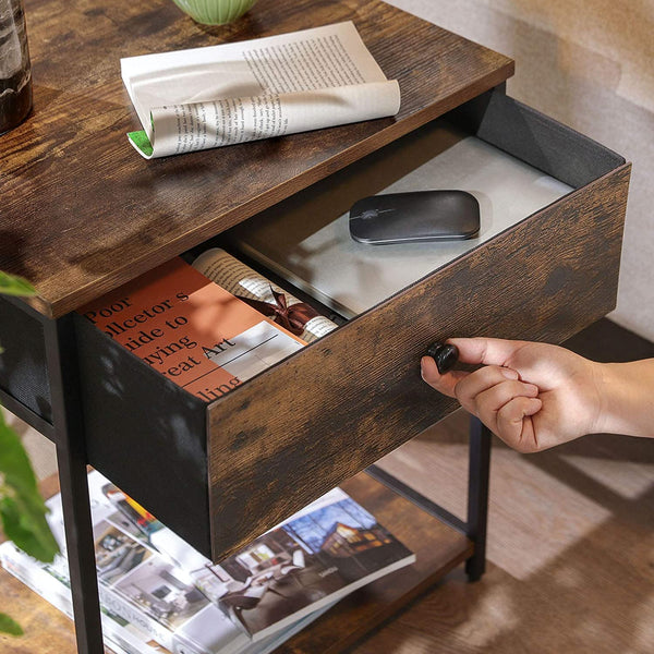 Nightstand, Industrial Bedside Table with Drawer, 2 Shelves, Wooden Top and Front, Rustic Brown + Black