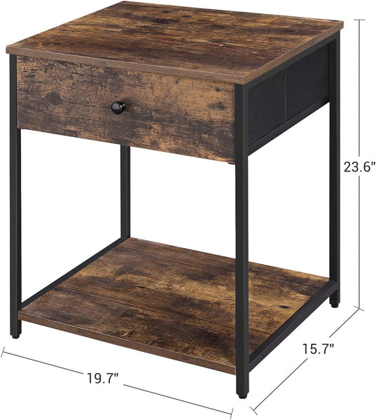 Nightstand, Industrial Bedside Table with Drawer, 2 Shelves, Wooden Top and Front, Rustic Brown + Black