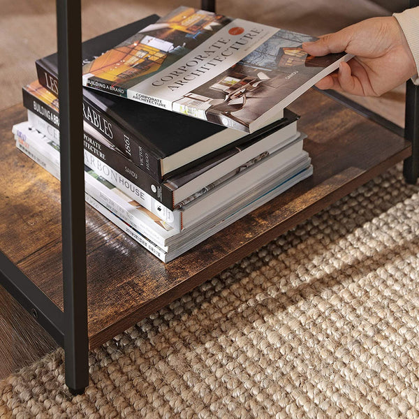 Nightstand, Industrial Bedside Table with Drawer, 2 Shelves, Wooden Top and Front, Rustic Brown + Black