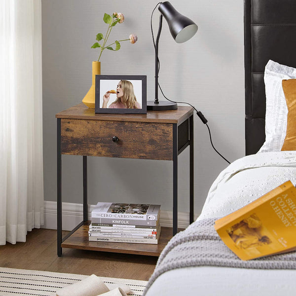 Nightstand, Industrial Bedside Table with Drawer, 2 Shelves, Wooden Top and Front, Rustic Brown + Black