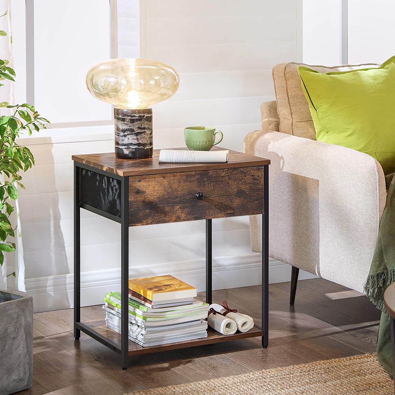 Nightstand, Industrial Bedside Table with Drawer, 2 Shelves, Wooden Top and Front, Rustic Brown + Black