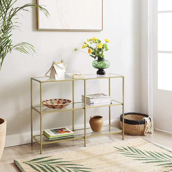 Console Sofa Table with 3 Shelves, Metal Frame, Tempered Glass Shelf, Modern Style, Gold Color