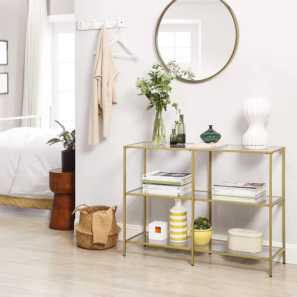 Console Sofa Table with 3 Shelves, Metal Frame, Tempered Glass Shelf, Modern Style, Gold Color