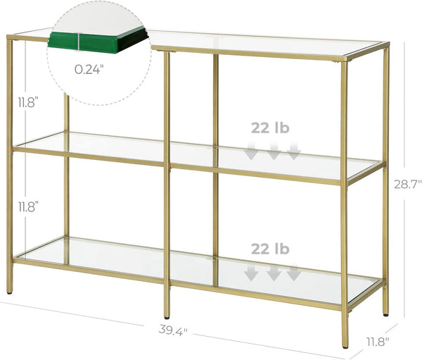 Console Sofa Table with 3 Shelves, Metal Frame, Tempered Glass Shelf, Modern Style, Gold Color