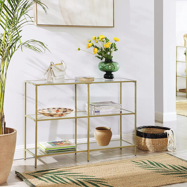 Console Sofa Table with 3 Shelves, Metal Frame, Tempered Glass Shelf, Modern Style, Gold Color