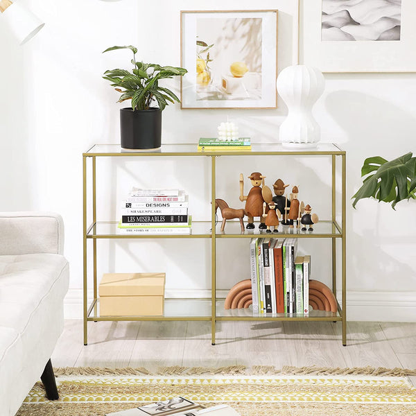 Console Sofa Table with 3 Shelves, Metal Frame, Tempered Glass Shelf, Modern Style, Gold Color