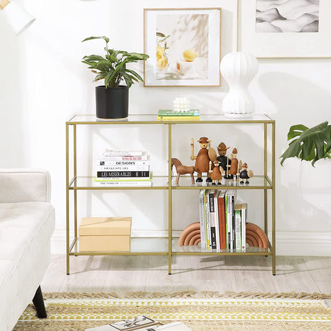 Console Sofa Table with 3 Shelves, Metal Frame, Tempered Glass Shelf, Modern Style, Gold Color