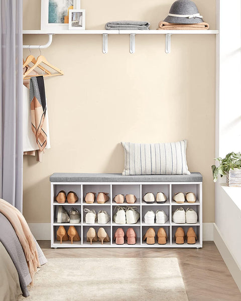 Shoe Rack Bench, Shoe Shelf, Storage Bench, 15 Compartments, with Cushion, for Entryway, White and Gray